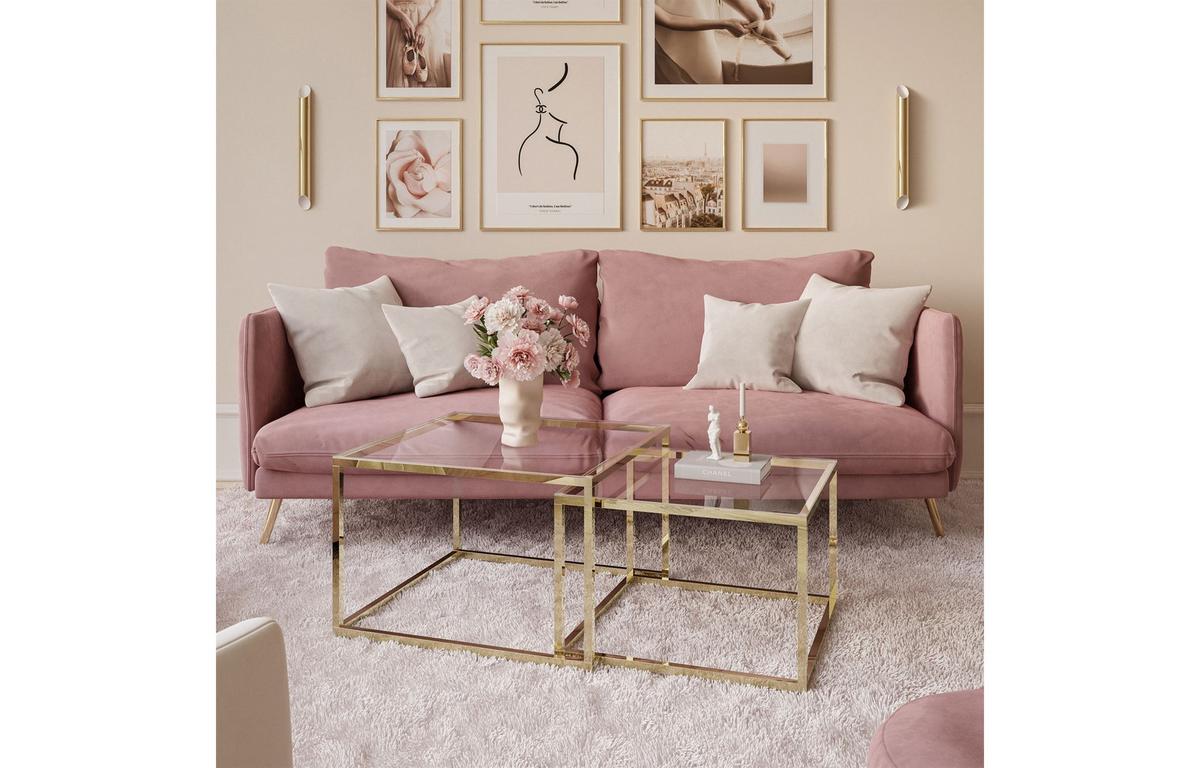 COUCHTISCH YOSHI 2in1 70/70/41 cm Gold chrom / Transparent Glas - Transparent, Glas/Metall (70/70/41cm) - Lookway