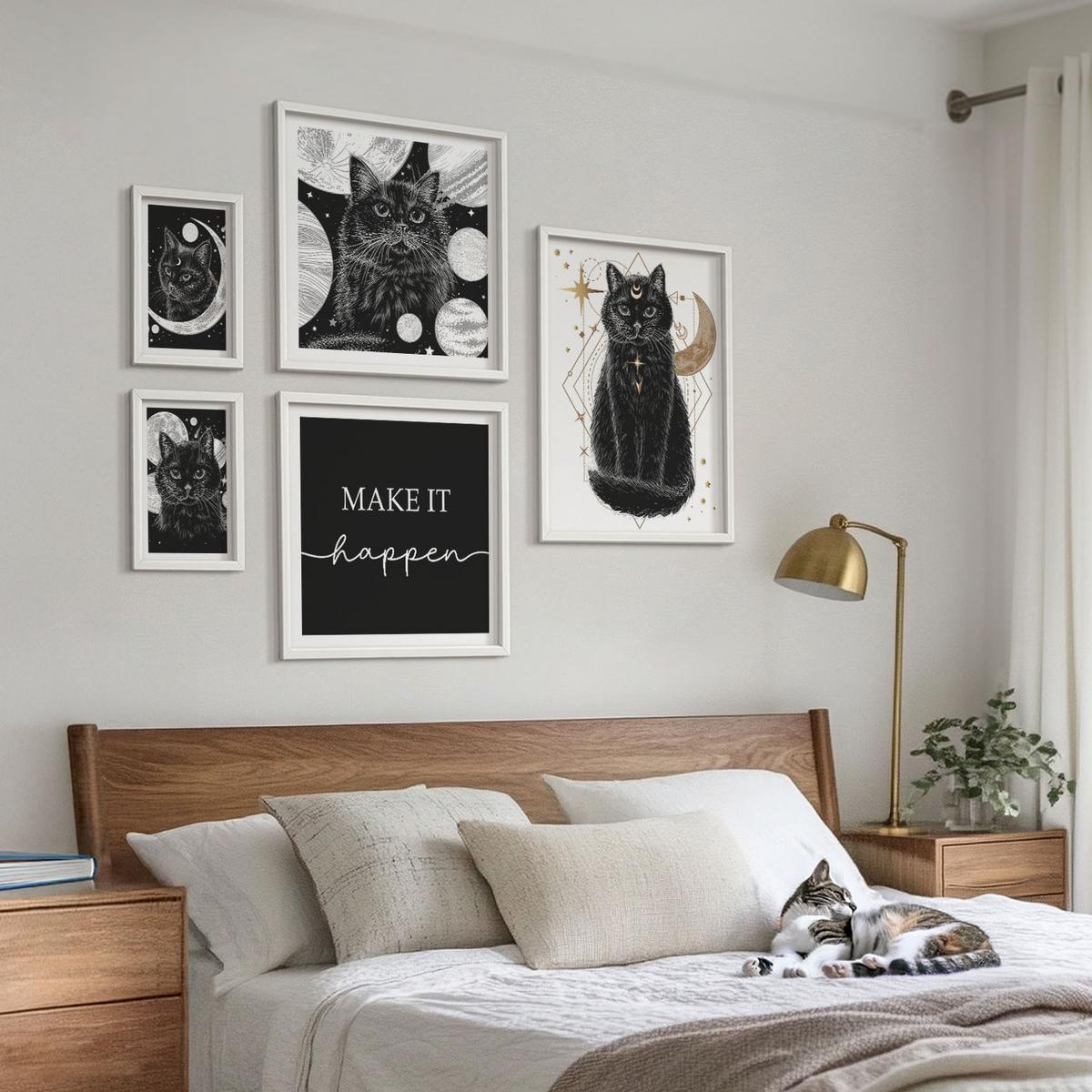 BILDER SET 5er Set - 50x50 cm & 20x30 cm & 40x60 cm Weißer Rahmen - Schwarze Katzen, Mond, Planet - Weiß, Kunststoff (40/60cm) - TULUP
