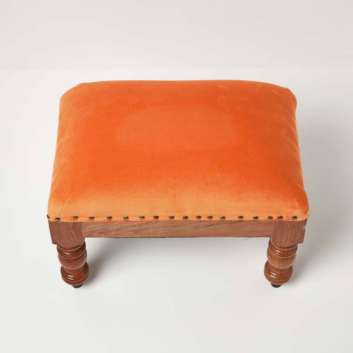 SAMT-HOCKER Mable, orange mit Holzbeinen, 50/30/40 cm - Orange, Textil (30/40/50cm) - Homescapes