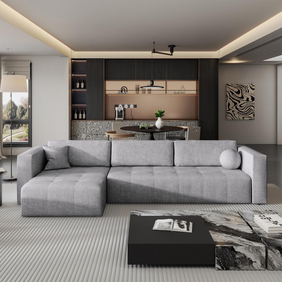 ECKSOFA OLVERA Hellgrau Geflochtener Stoff mit Schlaffunktion - Hellgrau, Holz (347/148cm) - MASSENO