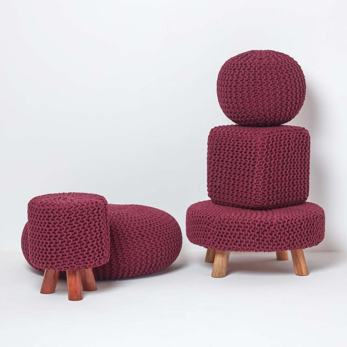 STRICK-HOCKER weinrot, rund 62/62/30 cm - Weinrot, Textil (62/30/62cm) - Homescapes