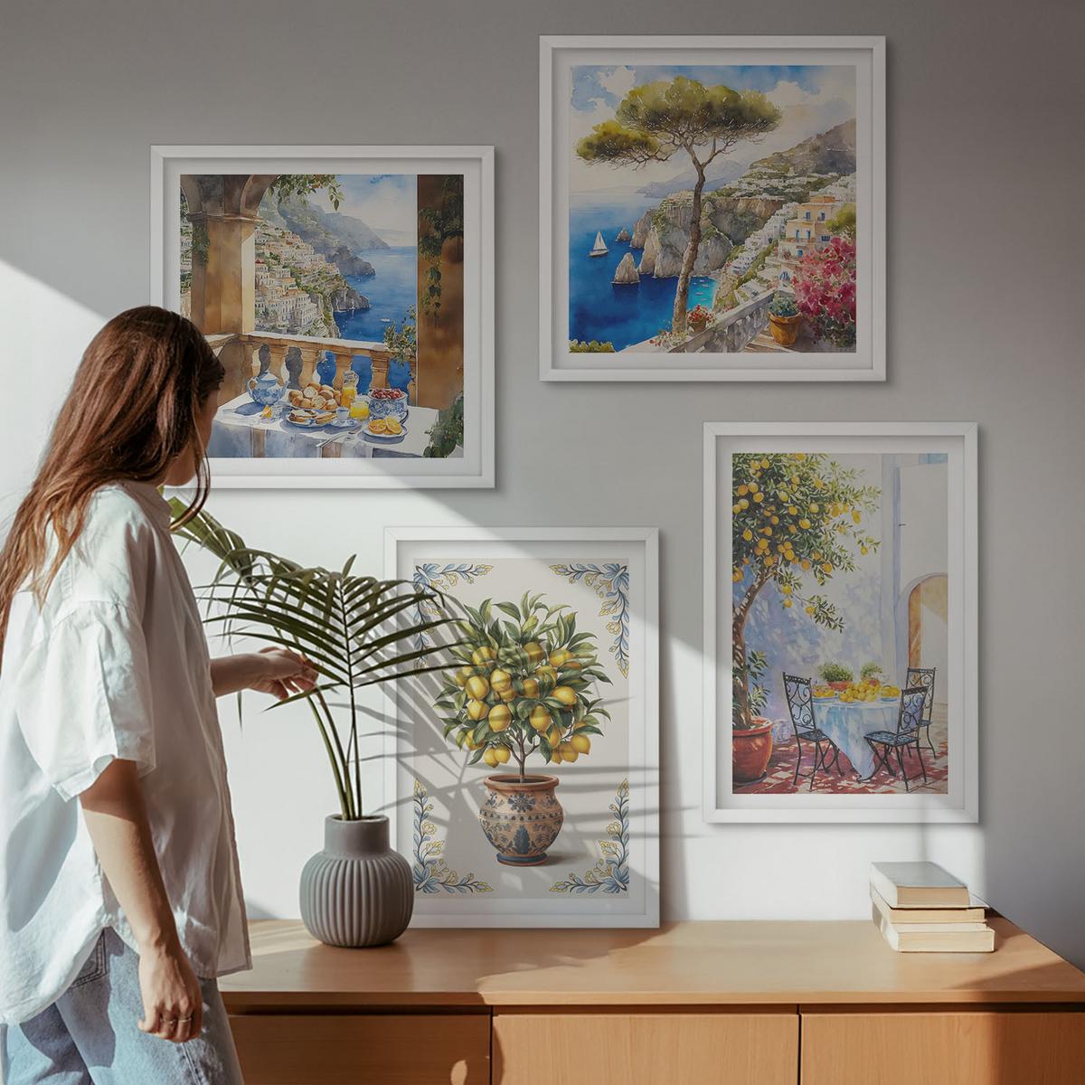BILDER SET 4er Set - 50x50 cm & 40x60 cm Weißer Rahmen - Tisch aus Zitronenbaum - Weiß, Kunststoff (50/50cm) - TULUP
