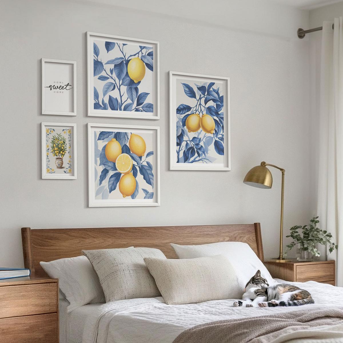 BILDER SET 5er Set - 50x50 cm & 20x30 cm & 40x60 cm Weißer Rahmen - Zitronenzweige mit blauen Blättern - Weiß, Kunststoff (40/60cm) - TULUP