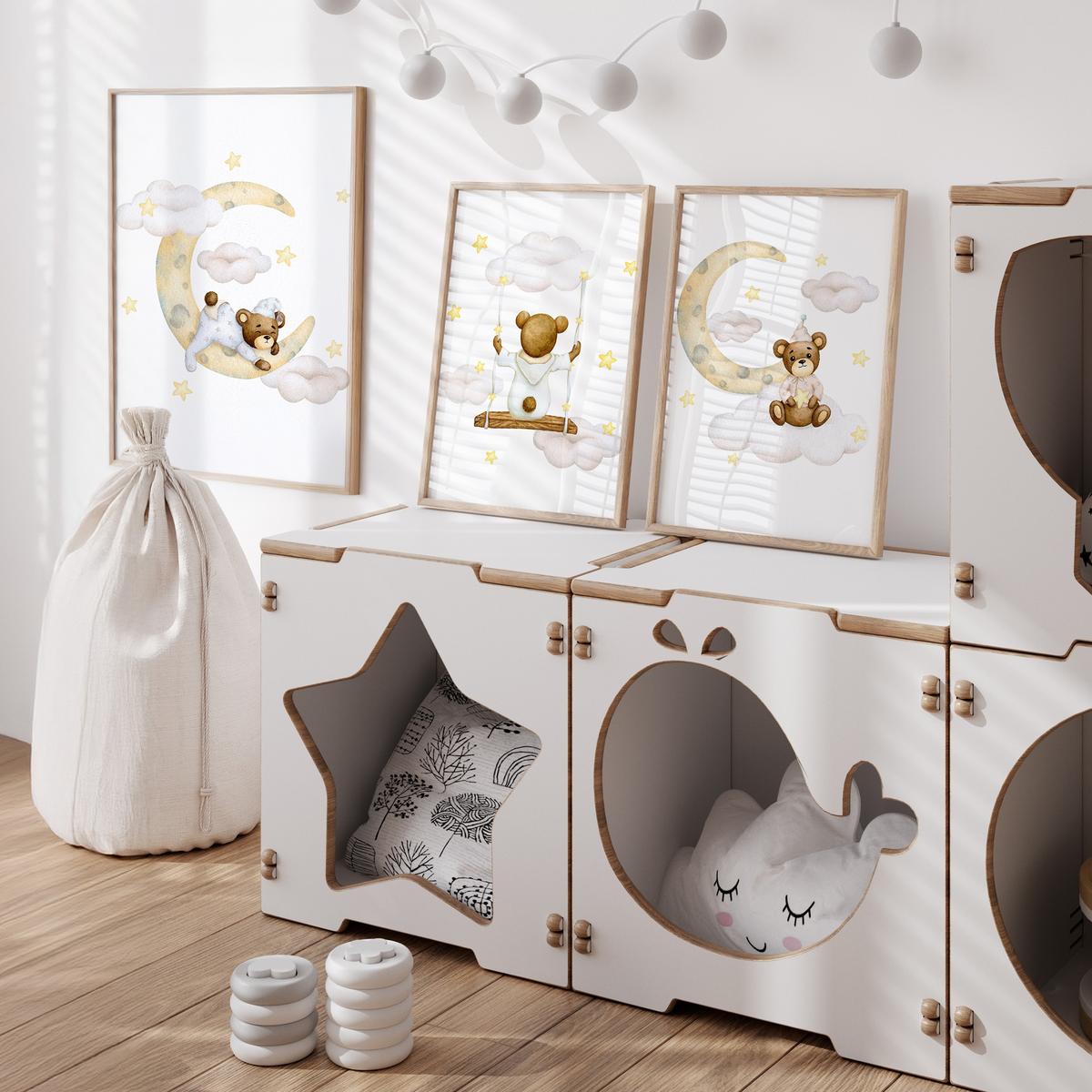 POSTER SET für Kinderzimmer Teddybären Monde Wolken Sterne 3x Poster A3 30x42cm - Gelb/Beige, Papier (30/42/1cm) - Muralo