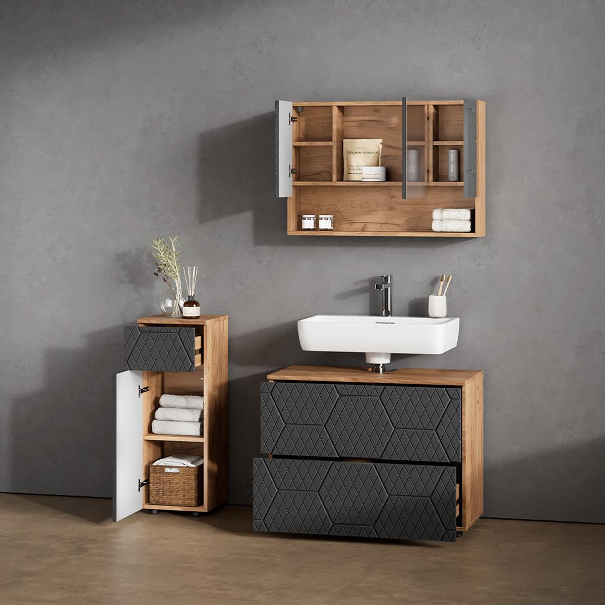 BADMÖBEL-SET Ronco Anthrazit mit Wabenstruktur 3 Teile, mit Schubladenschrank und Midischrank - Anthrazit, Holzwerkstoff (80/58/41cm) - Livinity®