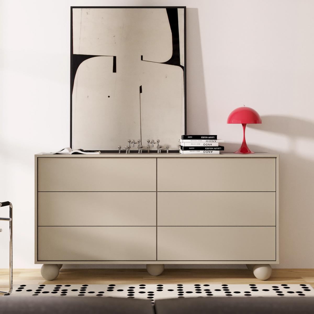 KOMMODE Adel mit 6 Schubladen und runden Füßen, 154 cm, Griffloss, Kaschmir - Kaschmir, Holzwerkstoff (154/81/38cm) - Beautysofa