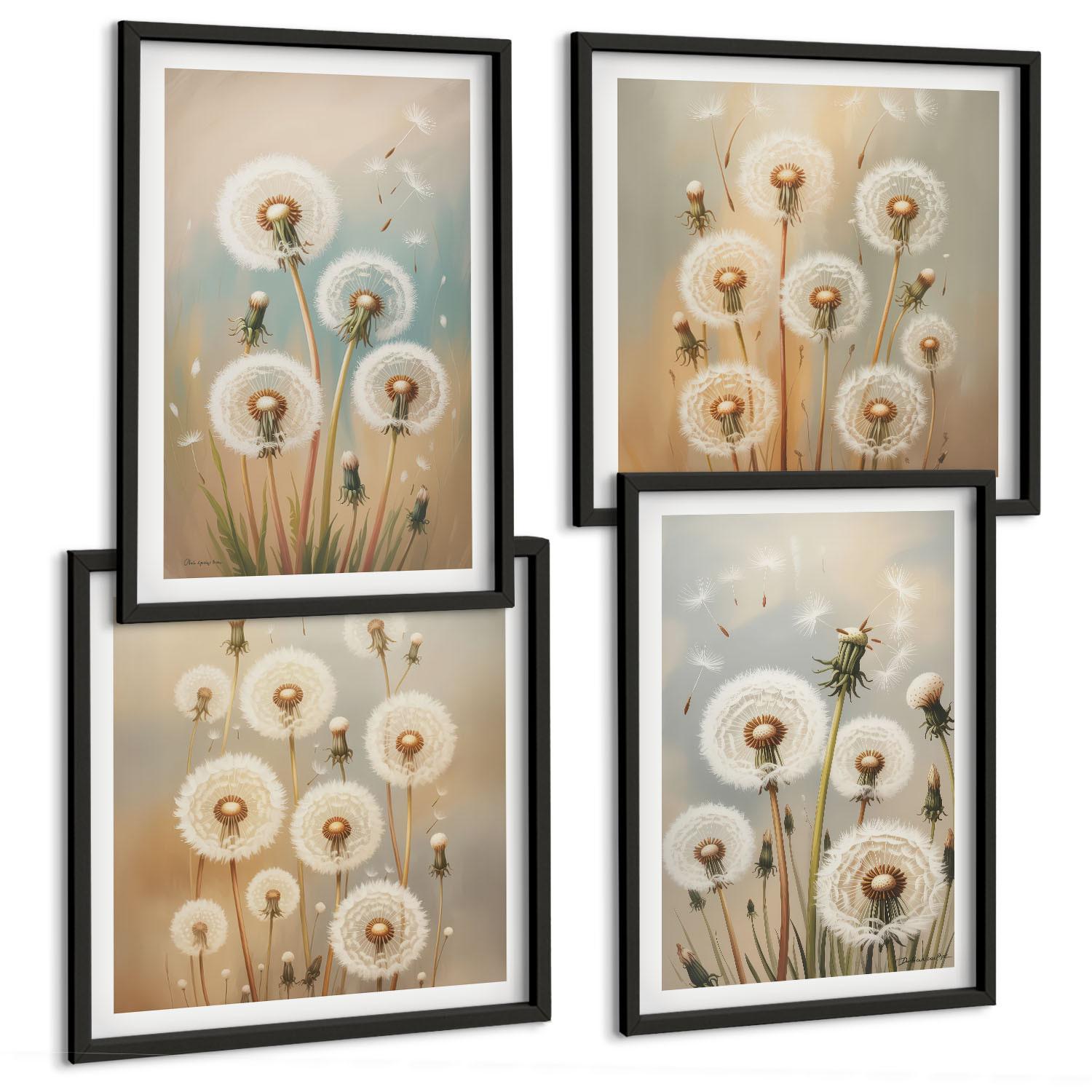 BILDER SET 4er Set - 50x50 cm & 40x60 cm Schwarzer Rahmen - Pastellfarbene Löwenzahnblüten - Schwarz, Kunststoff (50/50cm) - TULUP