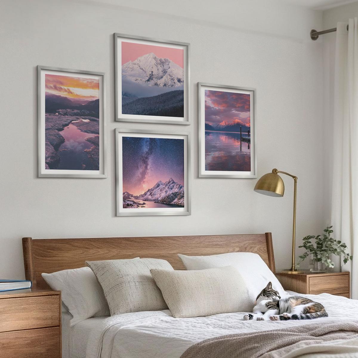 BILDER SET 4er Set - 50x50 cm & 40x60 cm Silberner Rahmen - Berge, Wasser, wunderschöne Landschaften - Silberfarben, Kunststoff (50/50cm) - TULUP