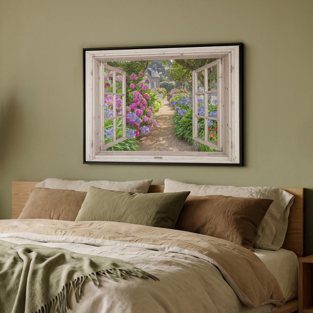 LEINWAND Bilder mit Rahmen - Hortensie - Durchsichtig - Blumen - Sommer - Lila - Weg - 70x50 - Lila, Textil (70/50cm) - MuchoWow