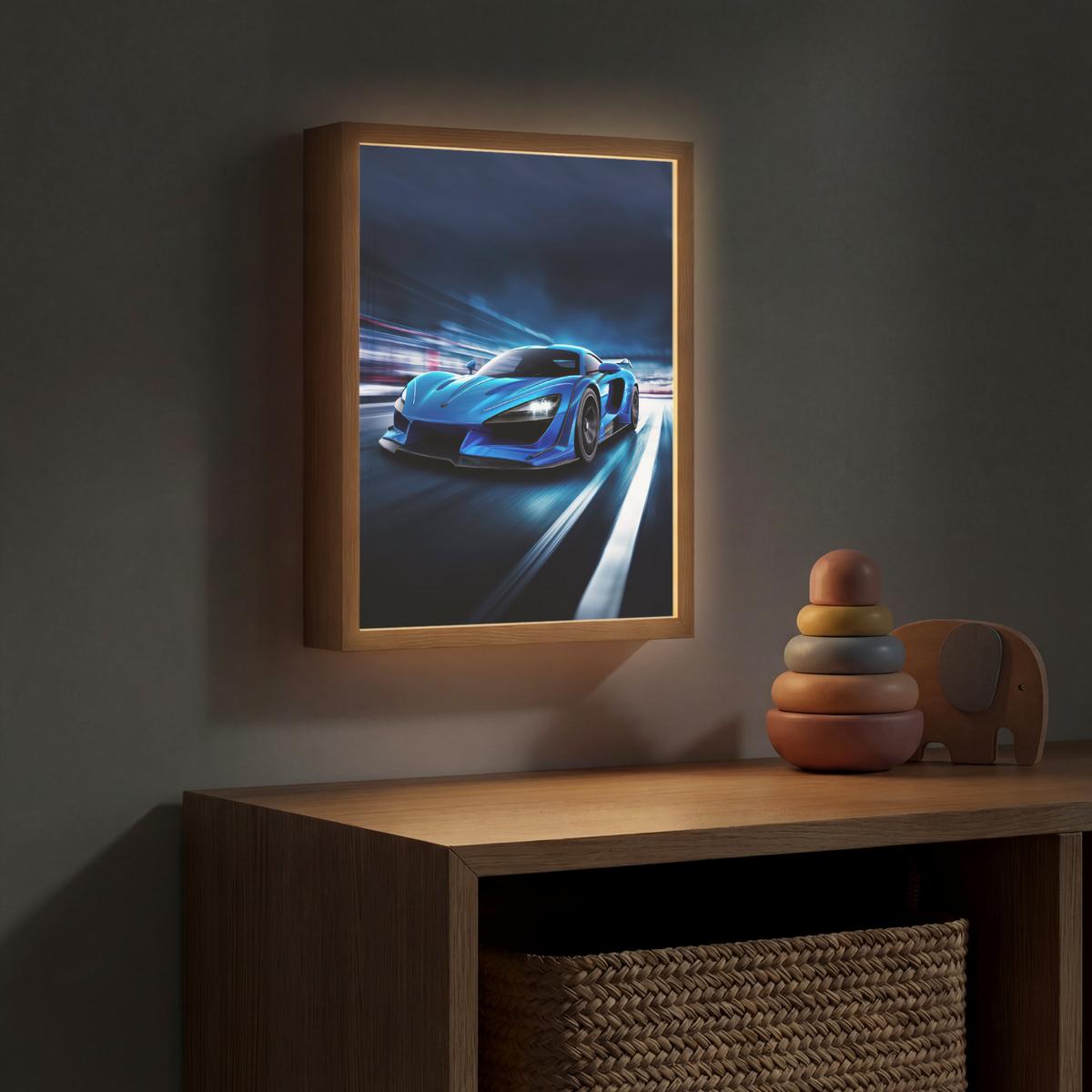 NACHTTISCHLAMPE MIT AKKU Auto - Blau - Jungen - Kind 30x40 cm - Blau, Holzwerkstoff (8/30/40cm) - OnlyWow