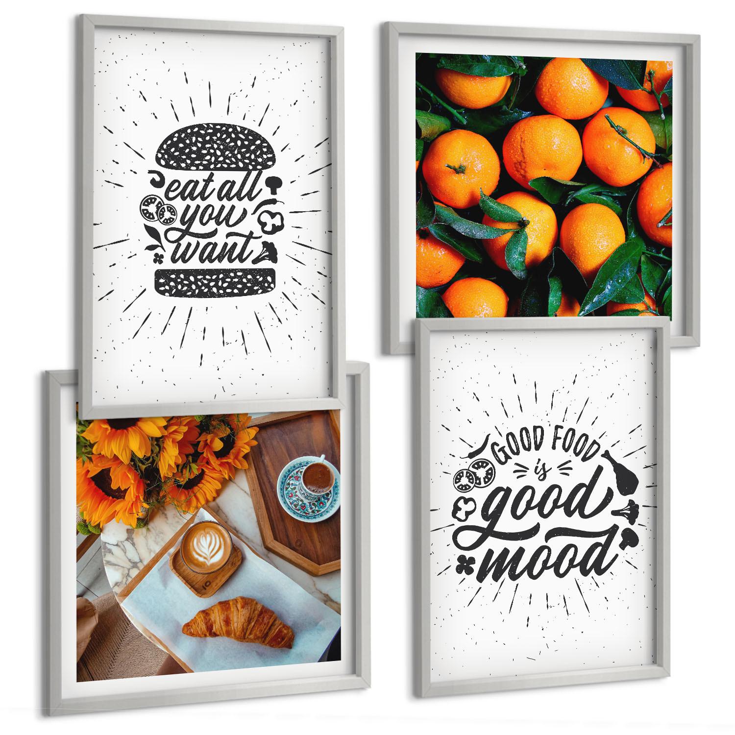 BILDER SET 4er Set - 50x50 cm & 40x60 cm Silberner Rahmen - Juicy Oranges Kitchen - Silberfarben, Kunststoff (50/50cm) - TULUP