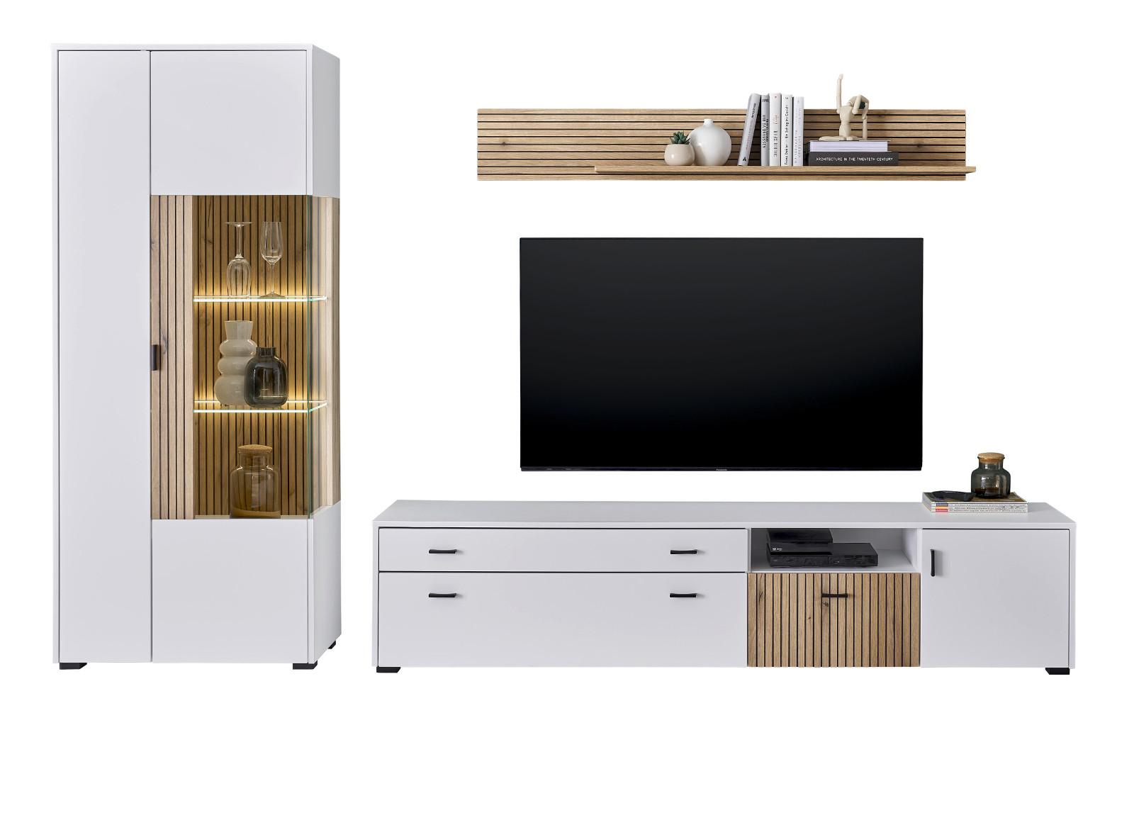 WOHNWAND 3-teilig weiß matt, Eiche 285 cm, Schrankwand mit Soft-Close-Funktion - Eichefarben/Schwarz, Glas/Holzwerkstoff (285/180/42cm) - Furn.Design