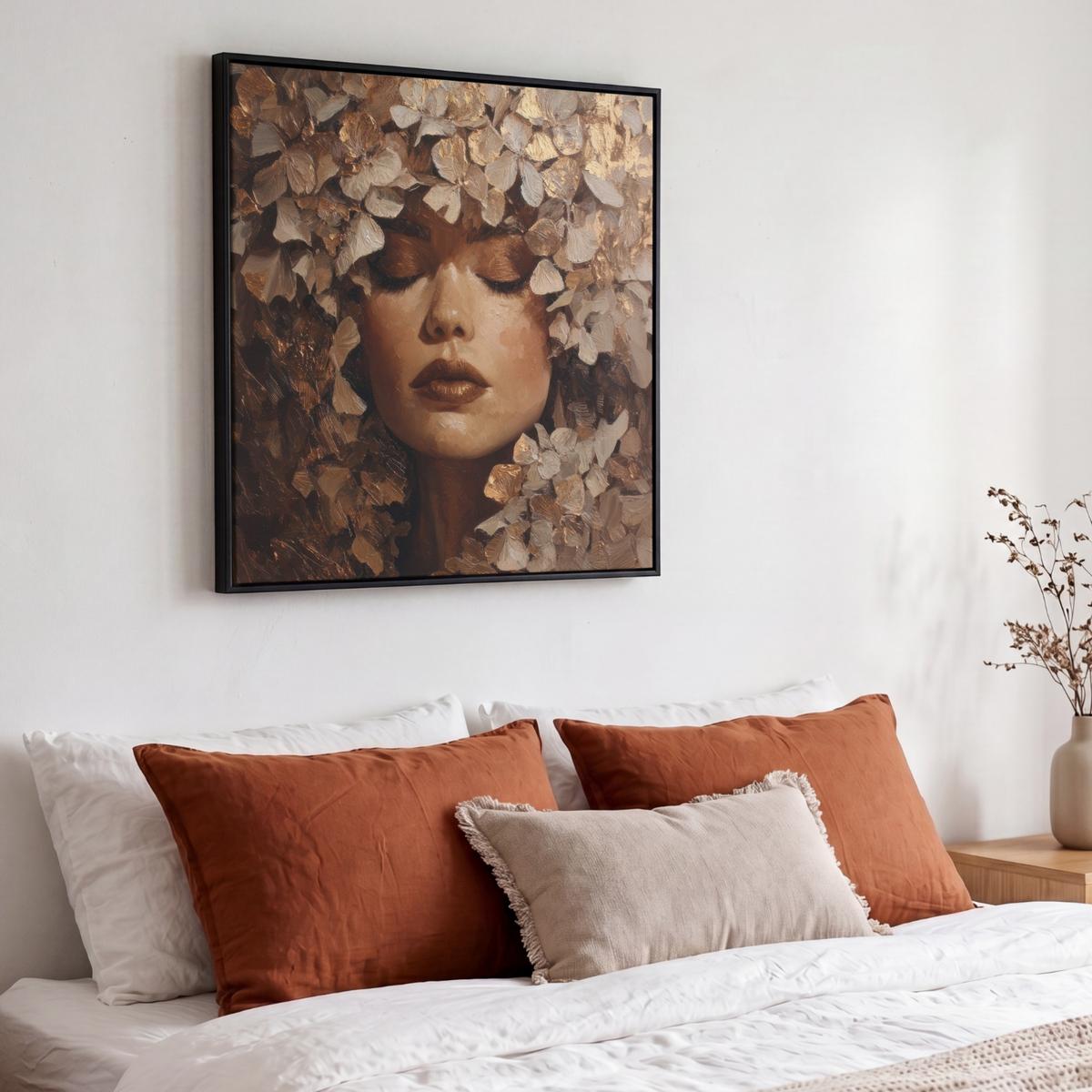 LEINWAND Bilder mit Rahmen - Gesicht - Dame - Blätter - Pinselstriche - 50x50 - Goldfarben, Textil (50/50cm) - MuchoWow