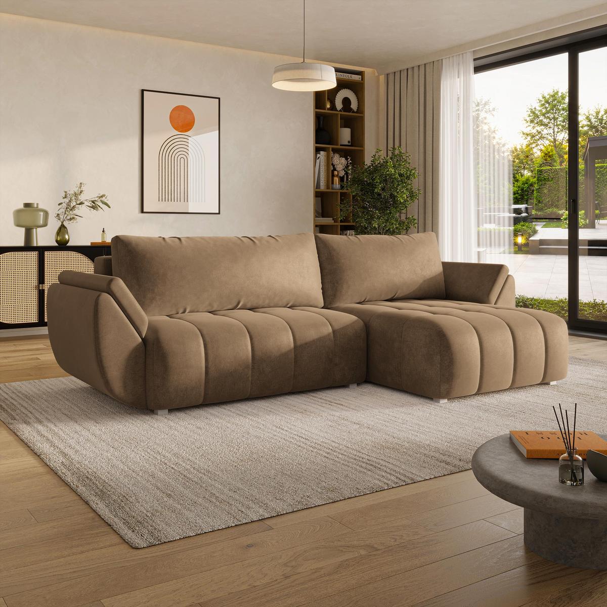 ECKSOFA OLSI Beige Velours-Stoff mit Schlaffunktion - Beige, Holz (285/148cm) - MASSENO