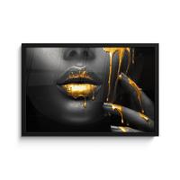 POSTER MIT RAHMENGERAHMTES BILD Frau - Schwarz - Gold - Gesicht - Lippen 60x40 cm - Goldfarben, Papier (60/40cm) - MuchoWow