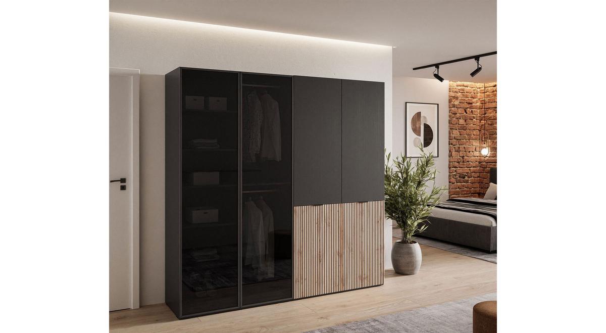 KLEIDERSCHRANK SANDBOX LOFT 200 202/49/200 cm Schwarzgraphit / Schwarzgraphit + Eiche Wotan + Schwarzes Glas ohne LED ohne Zusatzböden - Eiche Wotan/Schwarz, Holzwerkstoff/Kunststoff (202/200/49cm) - Lookway