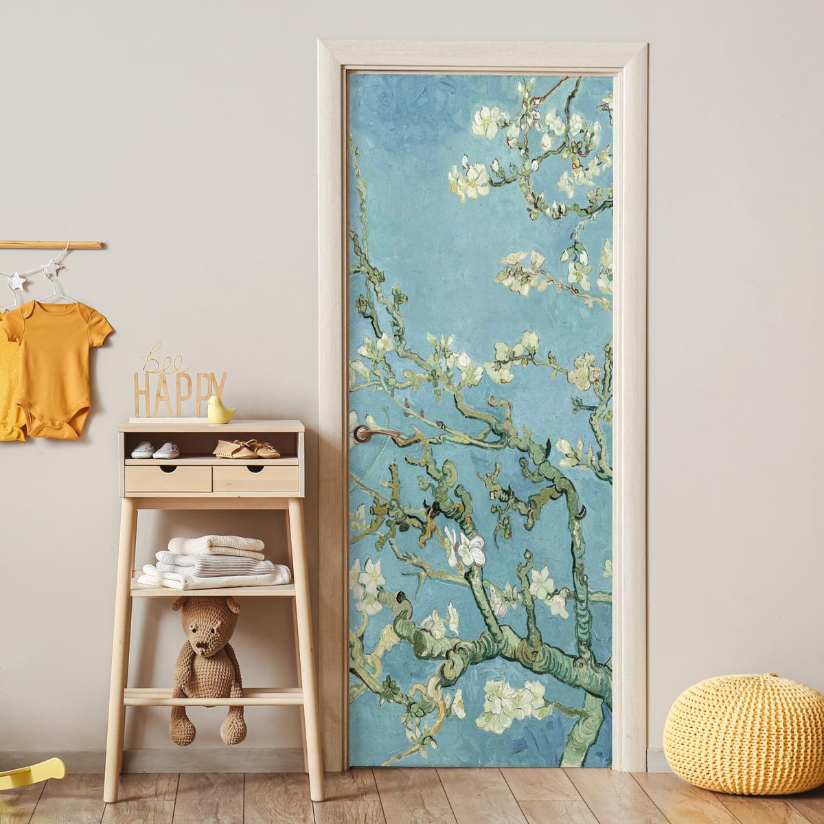 TÜRAUFKLEBER Mandelblüte - Van Gogh - Kunst 90x235 cm - Türtapete - Pastellblau, Kunststoff (90/0.1cm) - MuchoWow