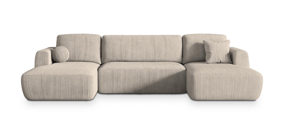 WOHNLANDSCHAFT SENTUM P Creme Kordstoff mit Schlaffunktion - Creme/Schwarz, Holz/Kunststoff (330/90/148cm) - MASSENO