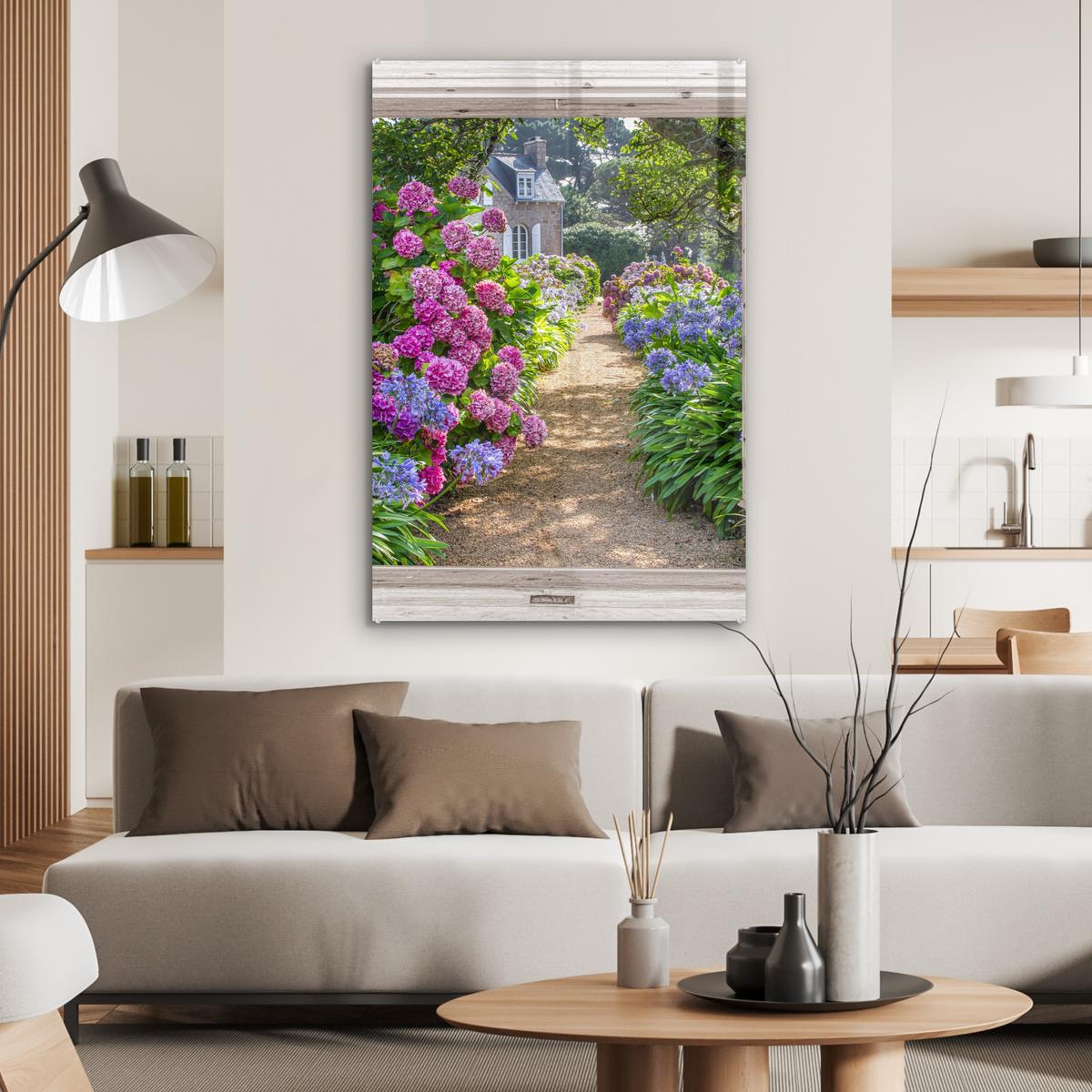 ACRYLGLASBILD Hortensie - Durchsichtig - Blumen - Sommer - Lila - Weg 80x120 cm - Lila, Glas (80/120cm) - MuchoWow