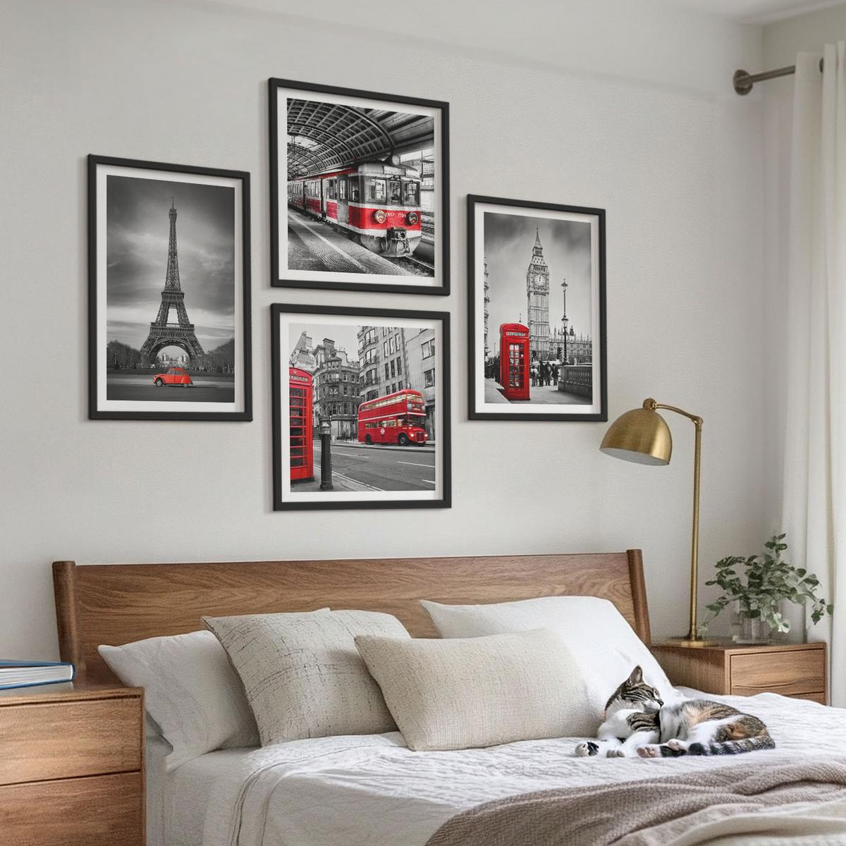 BILDER SET 4er Set - 50x50 cm & 40x60 cm Schwarzer Rahmen - Rote Busse in der Stadt - Schwarz, Kunststoff (50/50cm) - TULUP