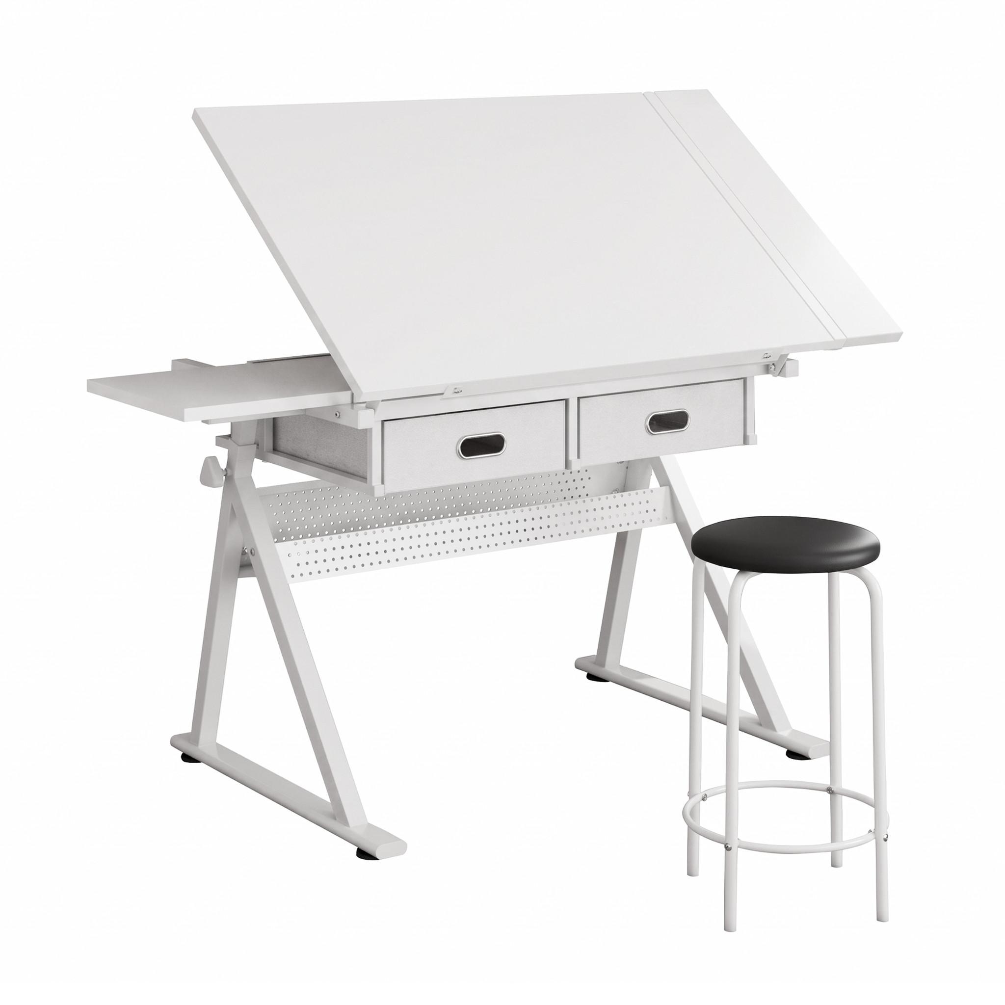 SCHREIBTISCH Zeichentisch Höhenverstellbar Neigbar Weiß inkl Hocker & Schubladen - Weiß, Holzwerkstoff (60/98/68cm) - Urban Meuble