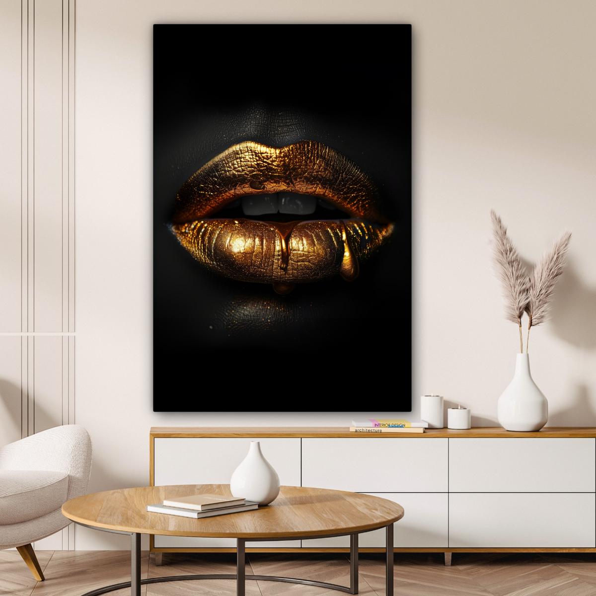 LEINWANDBILD Frau - Porträt - Lippen - Gold - Schwarz Deko Groß 90x140 cm - Schwarz, Textil (90/140cm) - MuchoWow