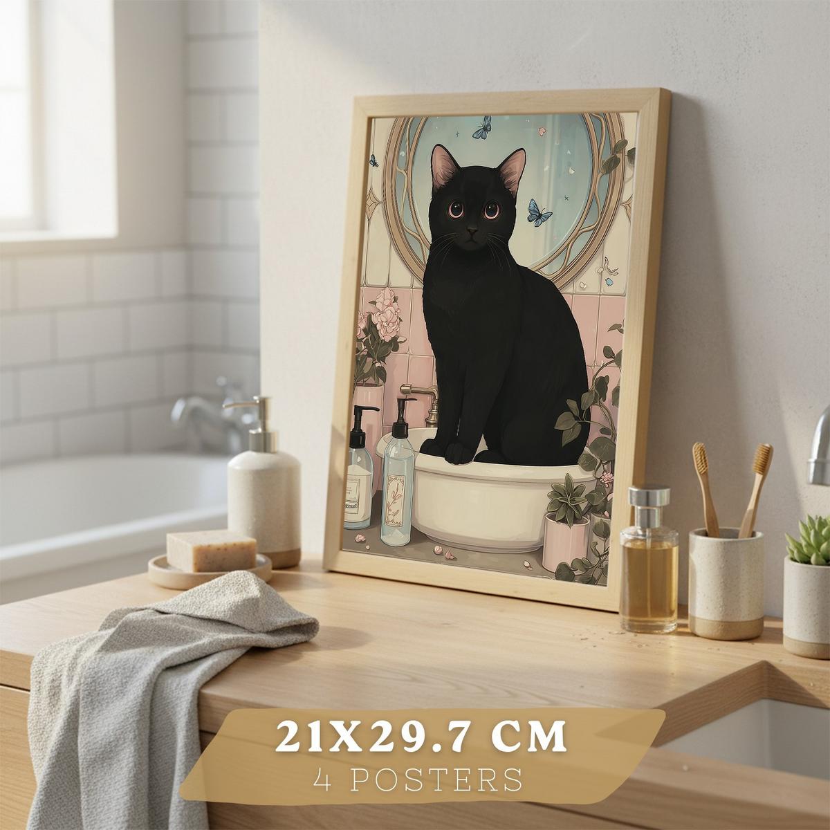 POSTER 4er-Set dekorative Kunstdrucke, schwarze Katze im Badezimmer, niedliches Blumenposter für Toilette, sanfter Leichter Holzrahmen A4 - Beige, Papier (29.7/21/3cm) - Nacnic