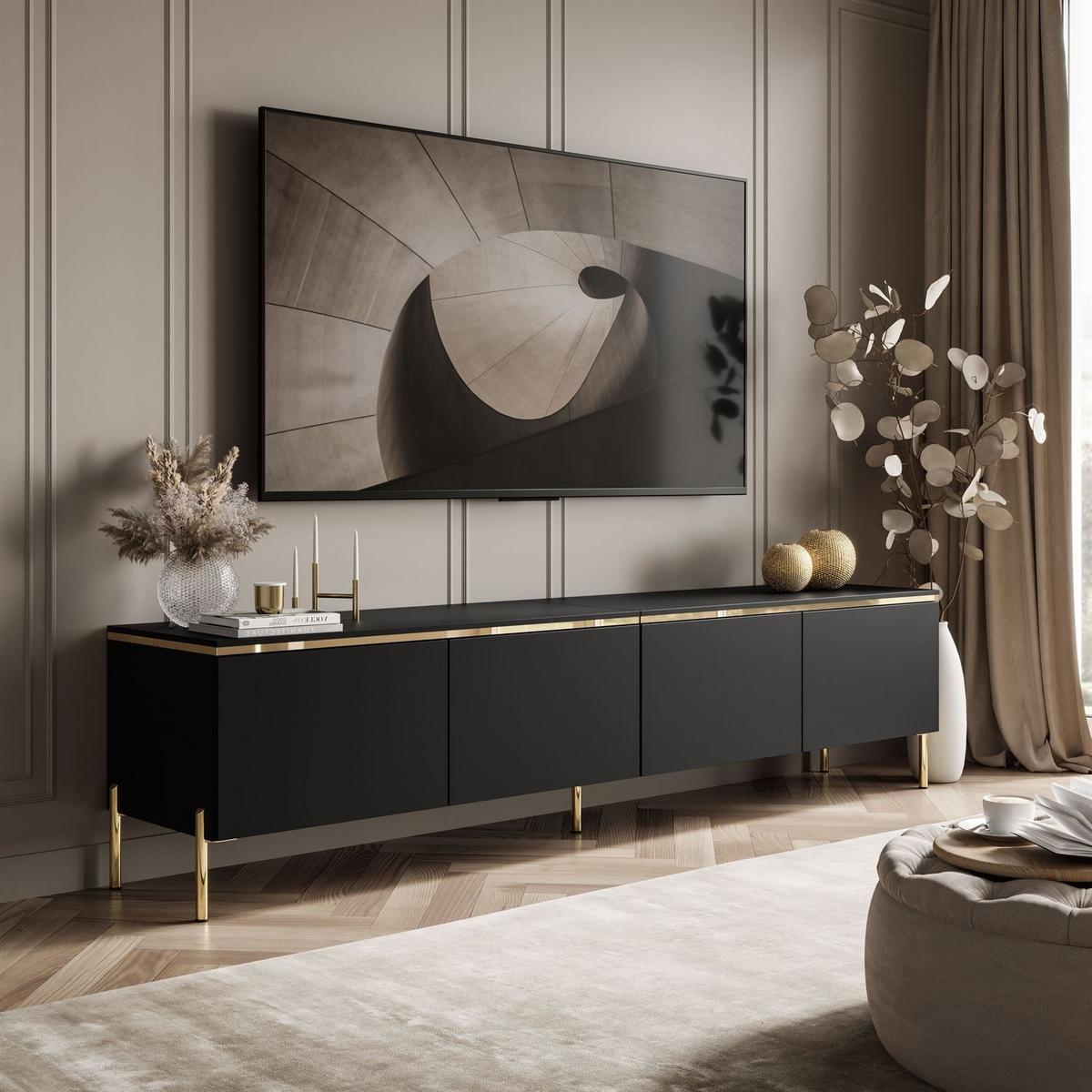 TV-SCHRANK CELINE 200 cm schwarz matt auf gerade goldenen Füßen - Schwarz, Holzwerkstoff (200/49/40cm) - Lookway