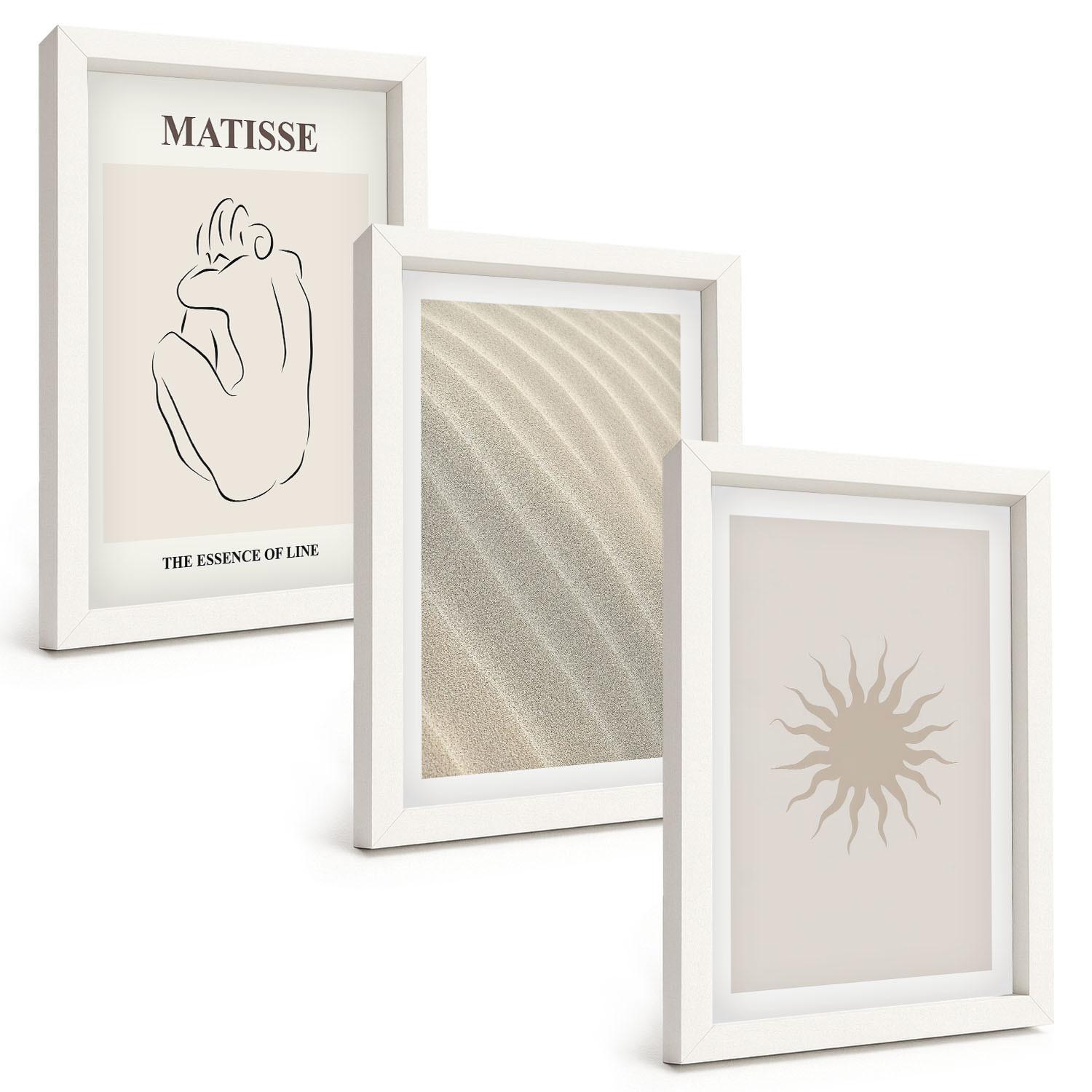 BILDER SET 3er Set - 20x30 cm Weißer Rahmen - Minimalistische Sandlinien Sonne - Weiß, Kunststoff (20/30cm) - TULUP