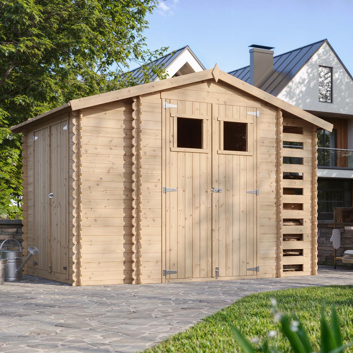 HOLZHAUS GARTENHAUS mit Brennholzschuppen M389+M389G - mit imprägniertem Boden- 3,53 + 0,97 + 0,97 m2 - Beige, Holz (328/218/206cm) - Timbela