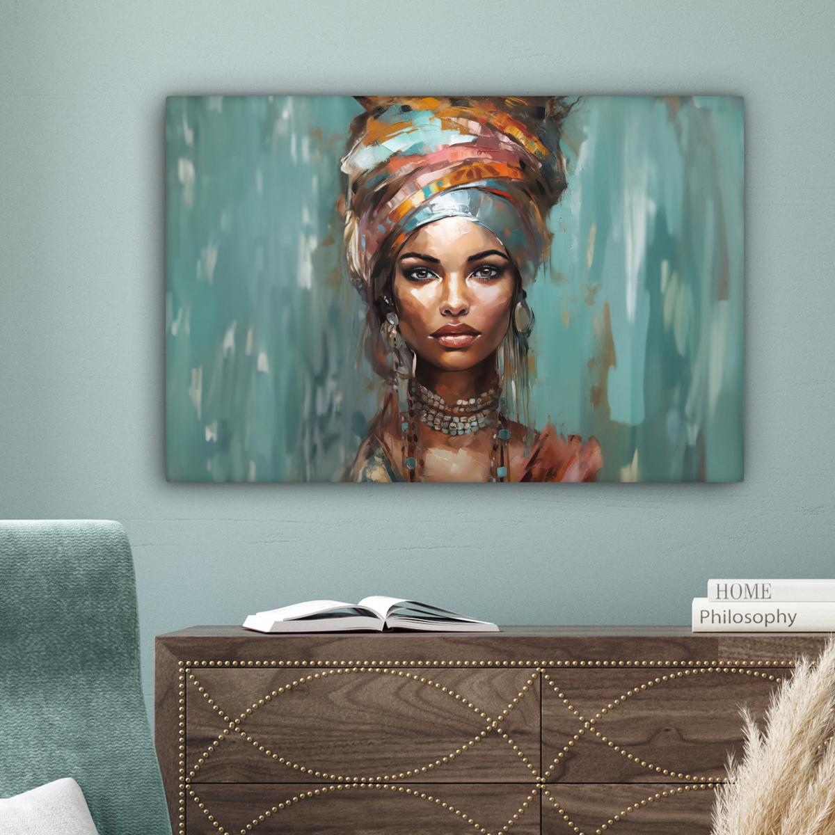 LEINWANDBILD Frau - Kunst - Schmuck - Porträt Gemälde 60x40 cm - Blaugrau, Textil (60/40cm) - MuchoWow