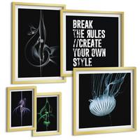 BILDER SET 5er Set - 50x50 cm & 20x30 cm & 40x60 cm Goldrahmen - Abstrakte Darstellung von grauen Katzenrosen - Goldfarben, Kunststoff (40/60cm) - TULUP