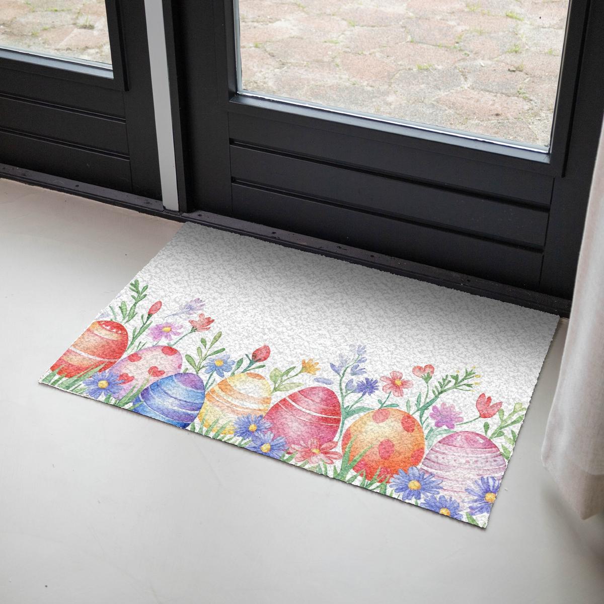 FUSSMATTE Blumengarten - Bunt - Eier Teppichmatte 90x60 cm - Multicolor/Weiß, Kunststoff (60/90cm) - MuchoWow