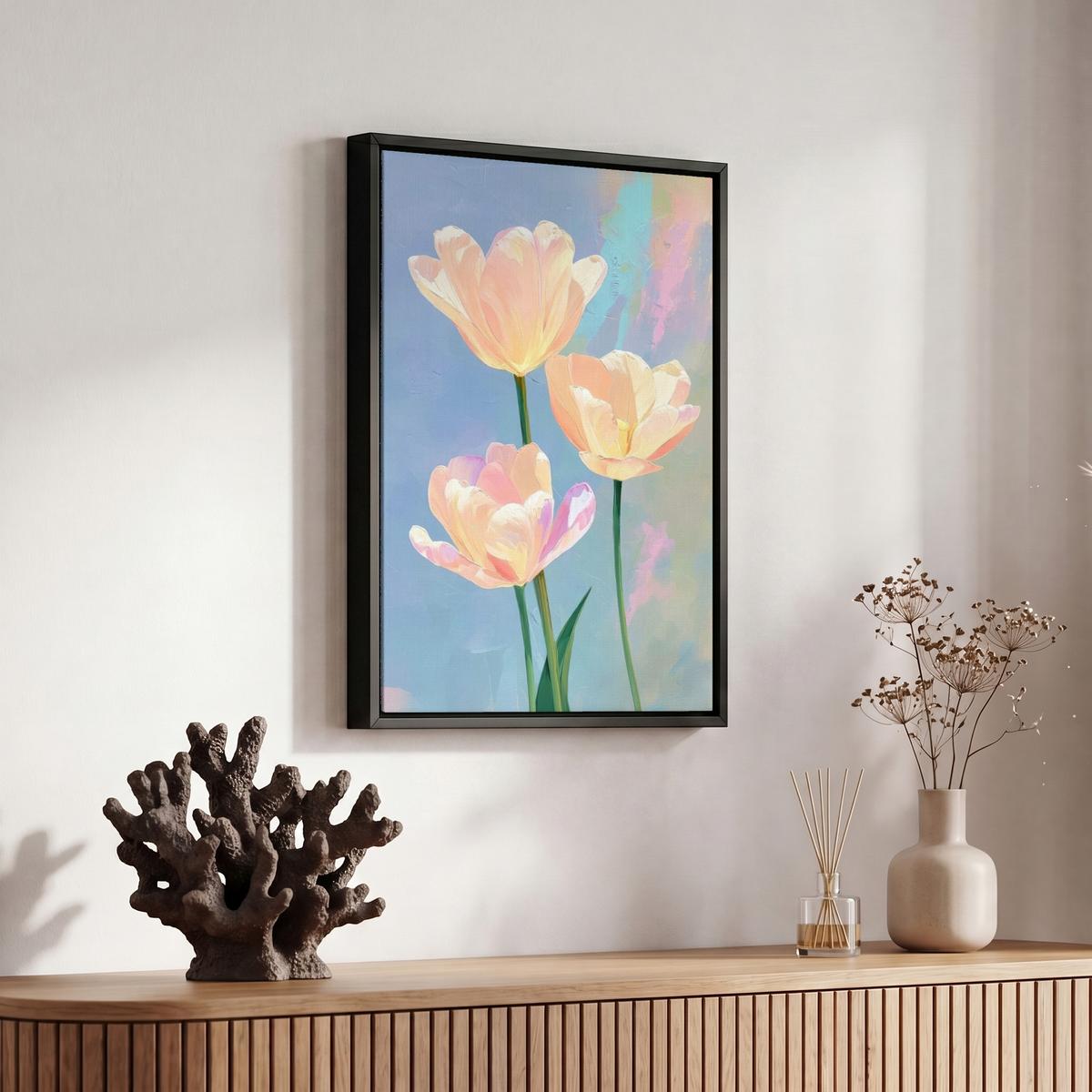 LEINWAND Bilder mit Rahmen - Tulpen - Rosa Akzente - Blau - 20x30 - Pastellblau, Textil (20/30cm) - MuchoWow