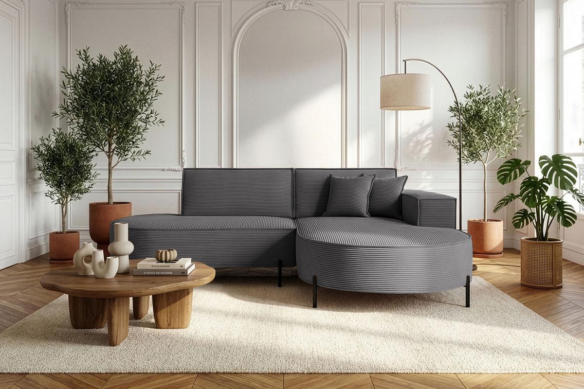 ECKSOFA Hana Loft 3-Sitzer Ecke Rechts, Cordstoff Chenille, Grau 241/80/168 cm - Schwarz/Grau, Textil/Metall (241/168cm) - WFL GROUP