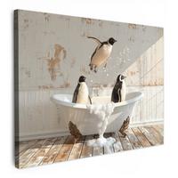LEINWANDBILD Vintage - Pinguin - Badewanne - Schaumstoff Wandbilder 80x60 cm - Schwarz, Textil (80/60cm) - MuchoWow