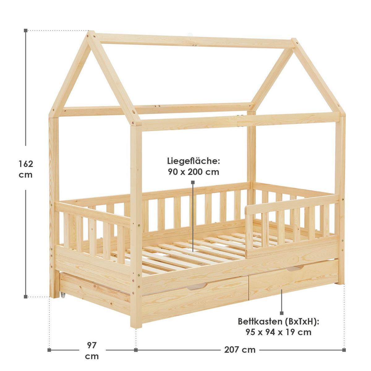 KINDERBETT Marli natur 90x200 cm mit Bettkasten - Naturfarben, Holz (90/200cm) - Juskys