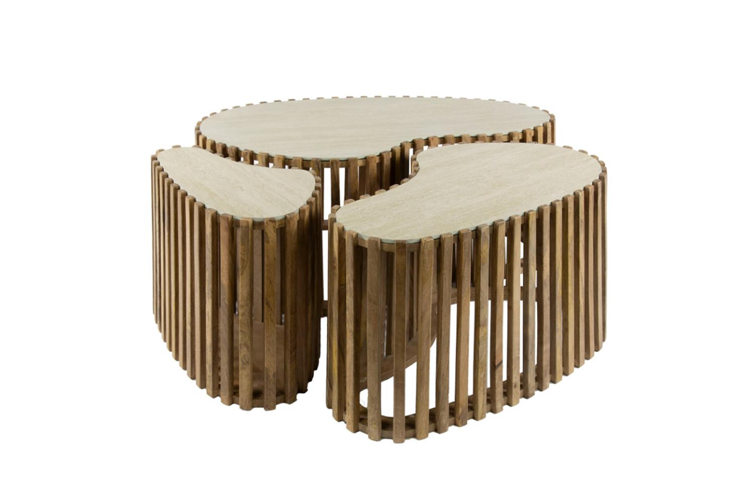 COUCHTISCH LIMAY 3ER SET Weiß Keramik - Weiß/Braun, Mangoholz/Keramik (52/90/40cm) - KAWOLA
