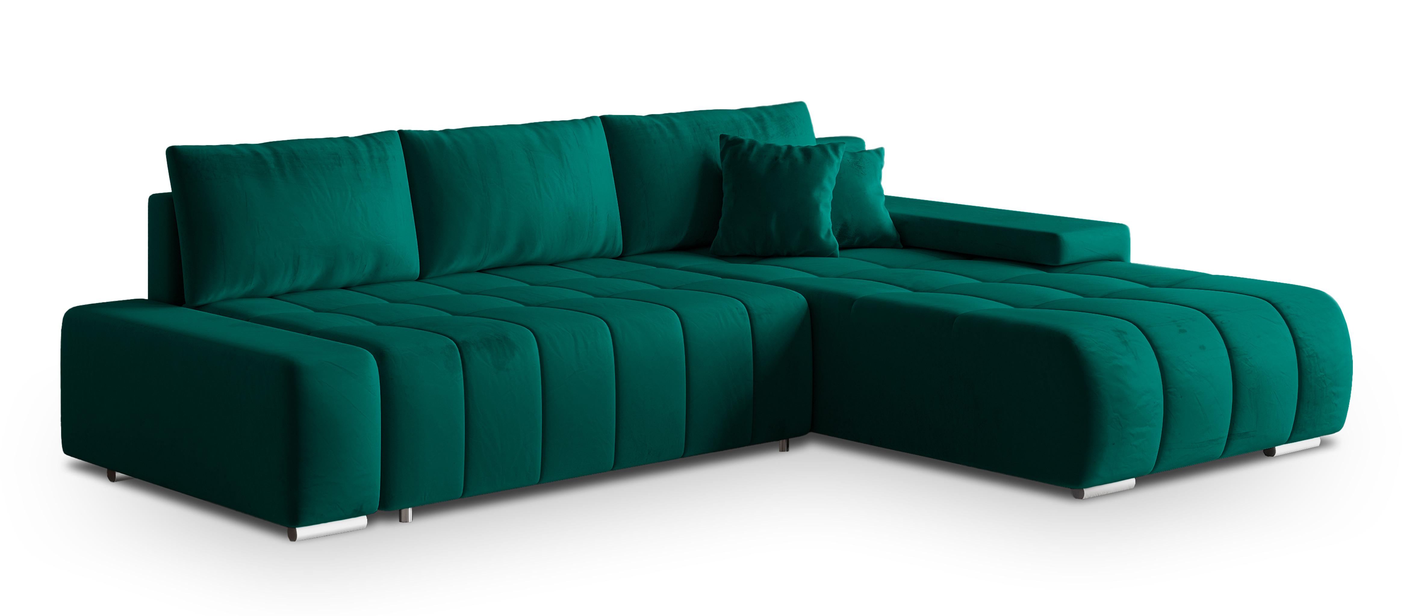 ECKSOFA ALESE R-S Grün Velours-Stoff mit Schlaffunktion - Silberfarben/Grün, Holz/Textil (265/185cm) - MASSENO