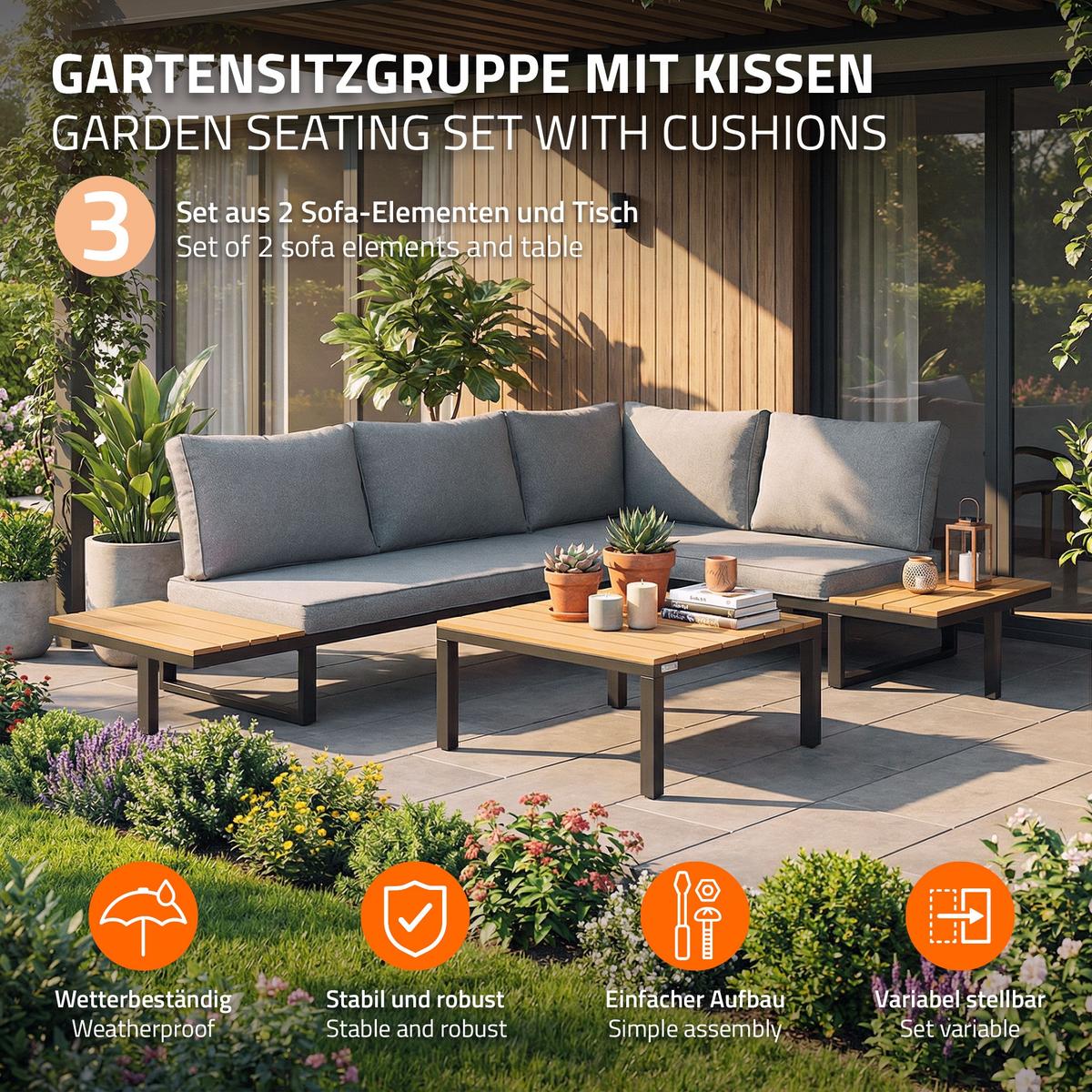 GARTENMÖBEL SET 3 tlg in Grau-Holzoptik mit Stahlgestell - Braun/Grau, Textil/Metall - ML-DESIGN