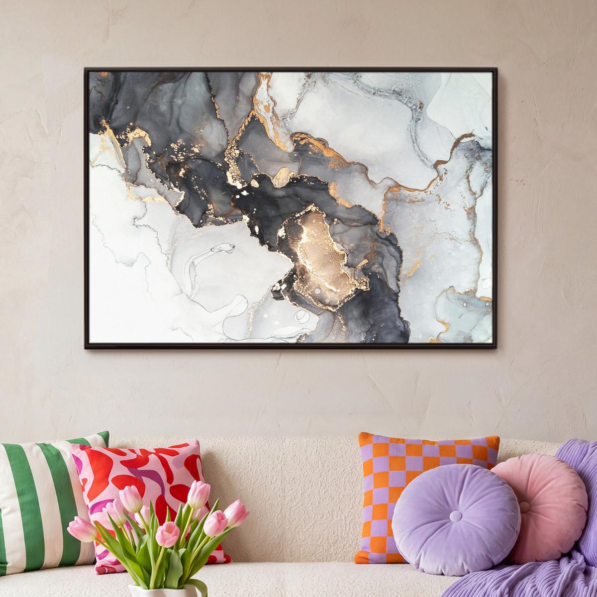 LEINWAND Bilder mit Rahmen - Marmor - Schwarz - Weiß - Gold - Luxus - Abstrakt - 90x60 - Goldfarben, Textil (90/60cm) - MuchoWow
