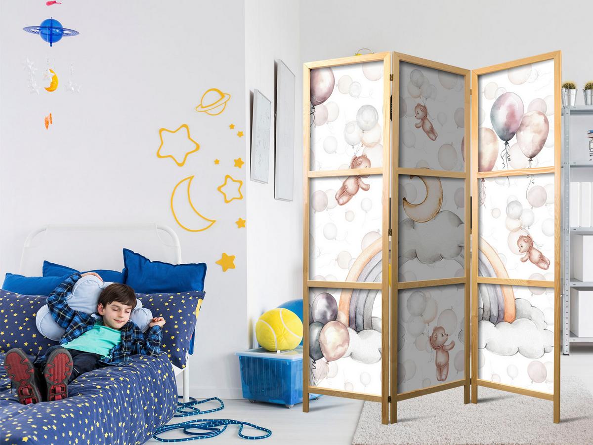 PARAVENT Japanischer 3-tlg 135x172 cm Teddyb ren und Ballons - Multicolor, Holz/Textil (135/172/3cm) - Muralo