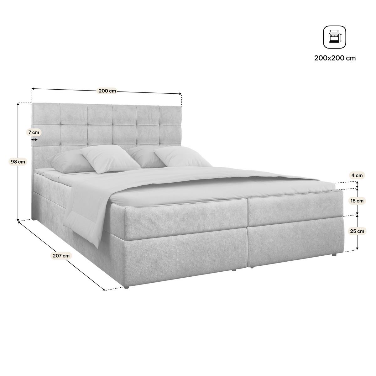BOXBETT GLOS 200x200 cm mit Matratze und Topper, H2+H3 - Hellgrau - Hellgrau, Holz (200/200cm) - MASSENO
