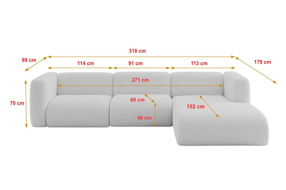 ECKSOFA Ottomane Rechts MIRA-L2 318x179x89 Hellgrau Bouclé - Silberfarben/Hellgrau, Holzwerkstoff/Kunststoff (318/179cm) - ALTDECOR