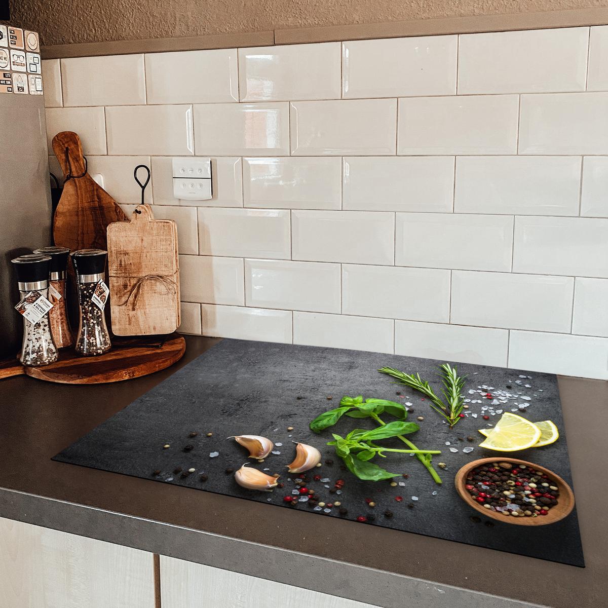 HERDABDECKPLATTE Limette - Kräuter - Gewürze - Grün - Grau - Beton Induktionsmatte 71x52 cm - Grün, Kunststoff (71/52/0.2cm) - MuchoWow