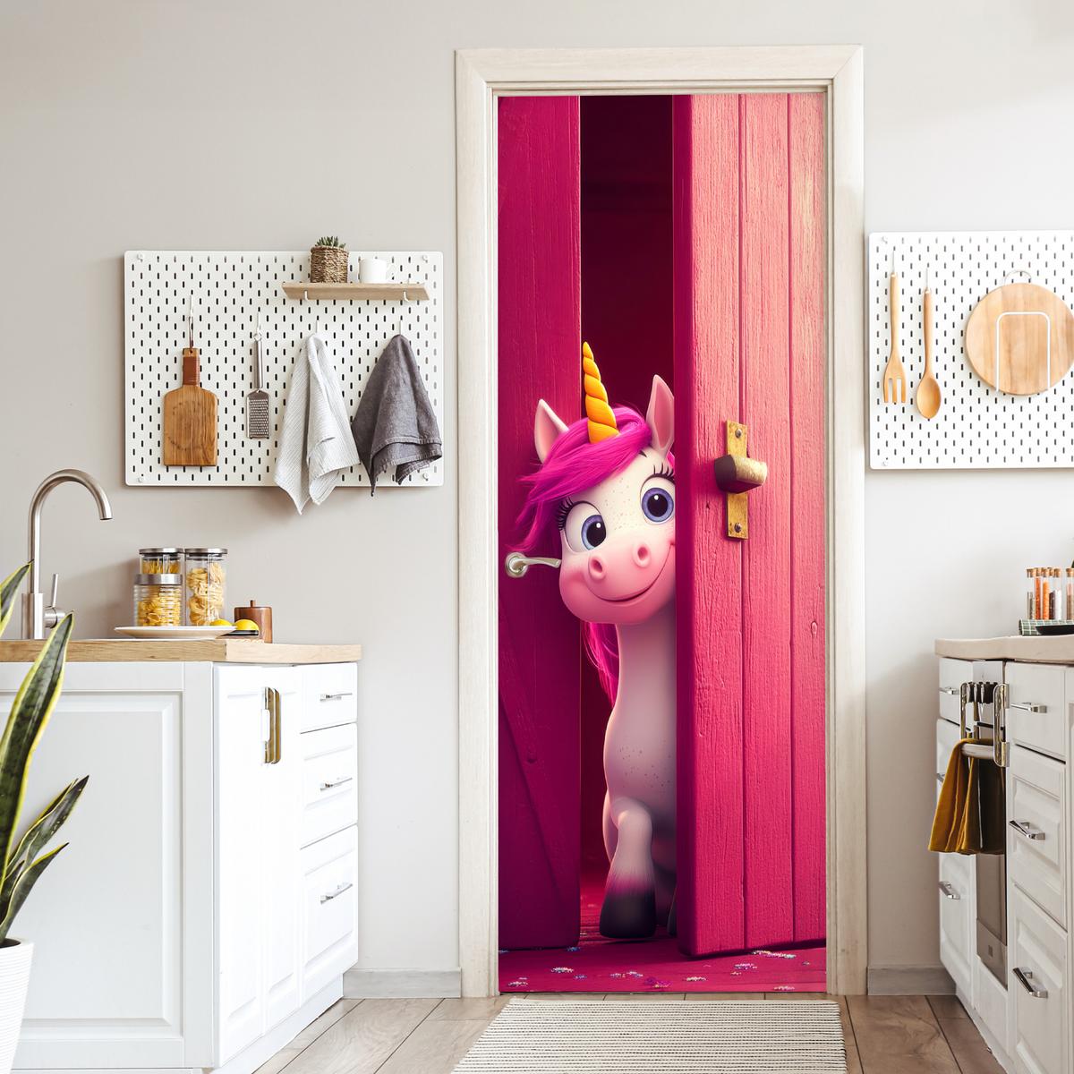 TÜRAUFKLEBER Einhorn - Rosa - Tür - Fantasie 90x235 cm - Türtapete - Pink, Kunststoff (90/0.1cm) - MuchoWow