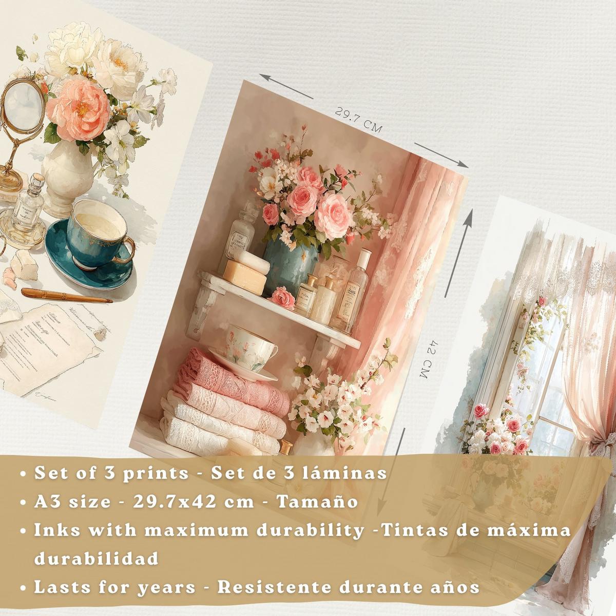 POSTER 3er-Set dekorative Badezimmerdrucke, romantischer Stil, Bilder mit Rosen, Parfums und Fenster, elegante, Wohndekoration Leichter Holzrahmen A3 - Beige, Papier (42/29.7/3cm) - Nacnic