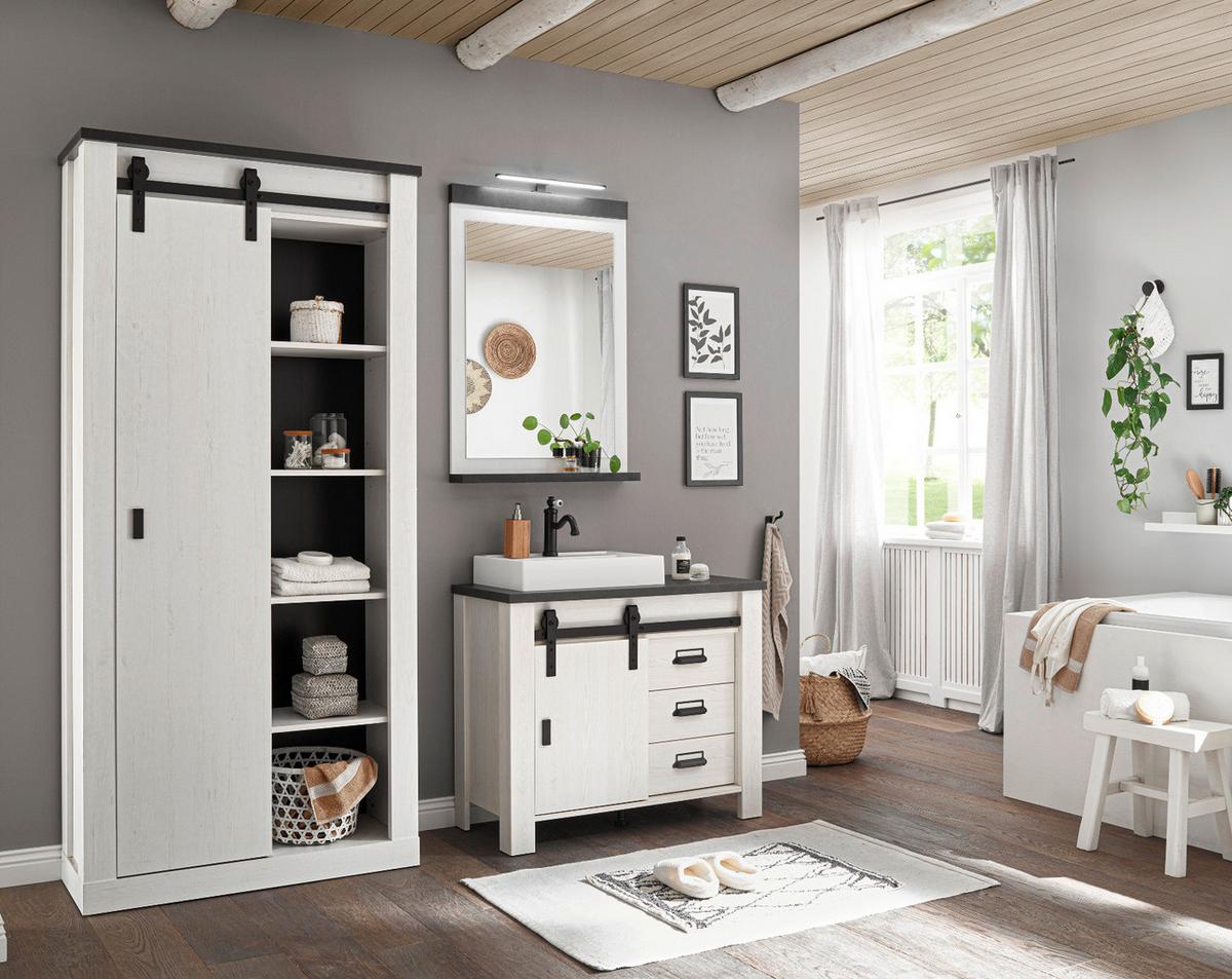 BADMÖBEL-SET 5-teilig weiß Pinie, anthrazit Landhaus, Badkombination mit Waschbecken und Spiegellampe - Anthrazit/Weiß, Holzwerkstoff/Metall (208/210/43cm) - Furn.Design