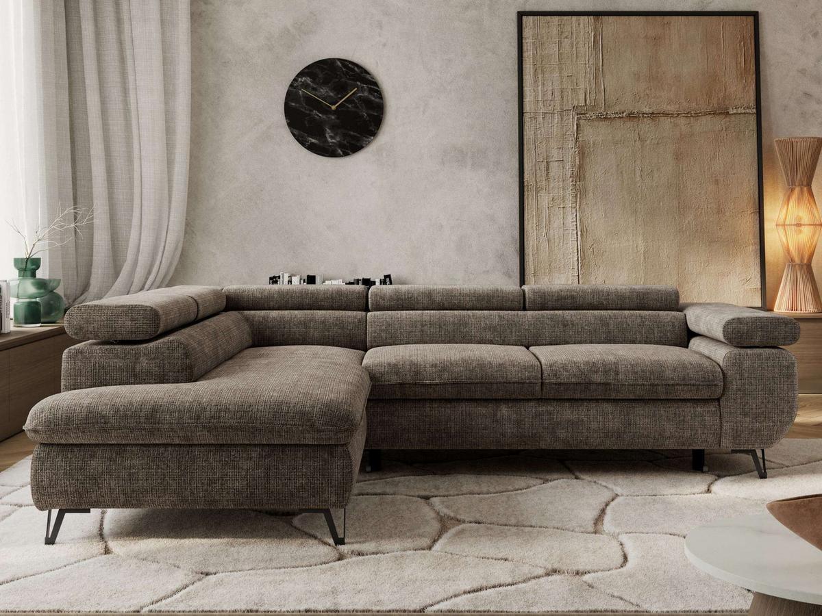 ECKSOFA PABLO L Braun Schenille grob gewebt - Links Seite mit T25 Topper - Schwarz/Braun, Textil/Metall (208/273cm) - MKS