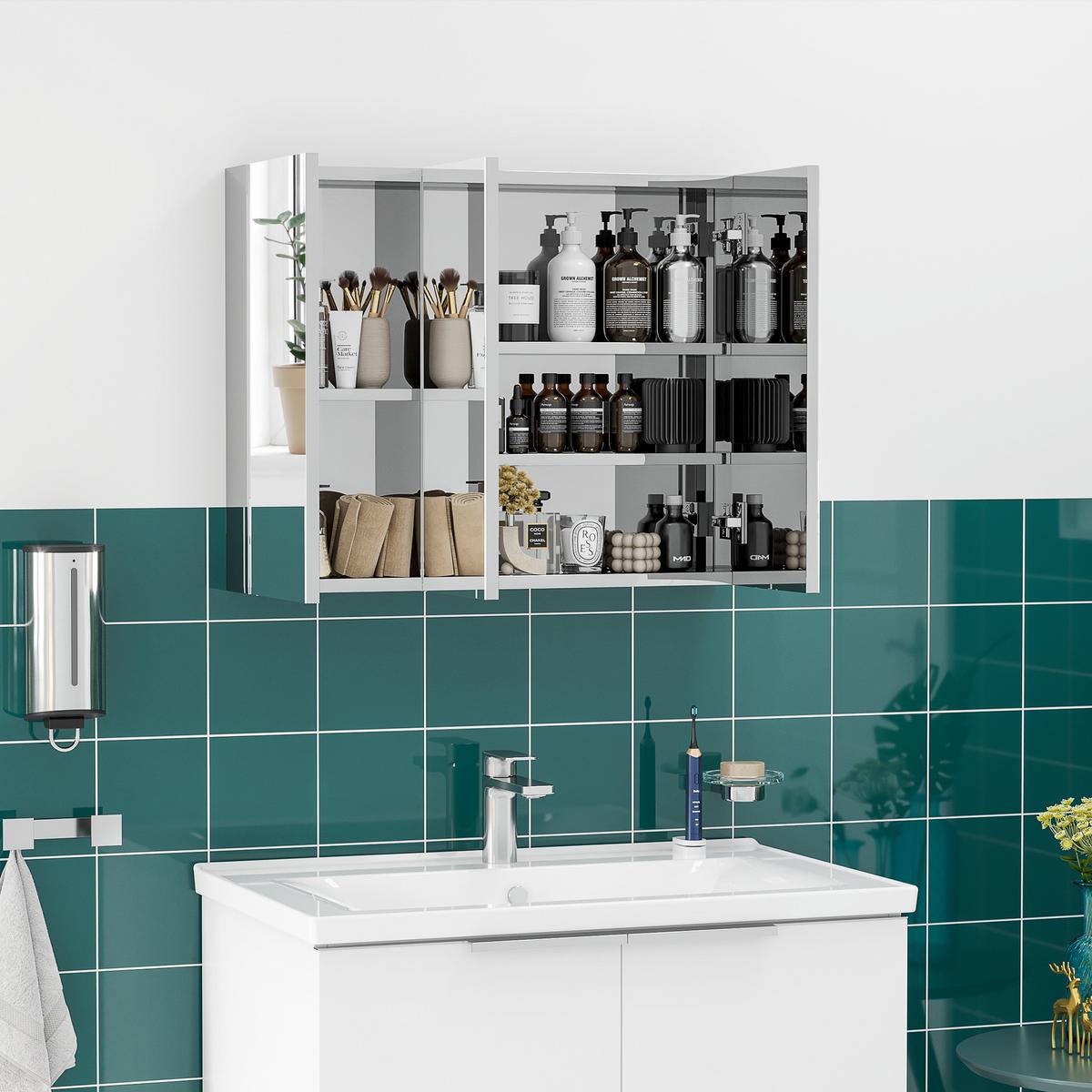 SPIEGELSCHRANK mit 5 Ablagen, 3 Glastüren, Edelstahl, 70 x 12 x 55 cm, Silber - Silberfarben, Glas (70/55/12cm) - Kleankin